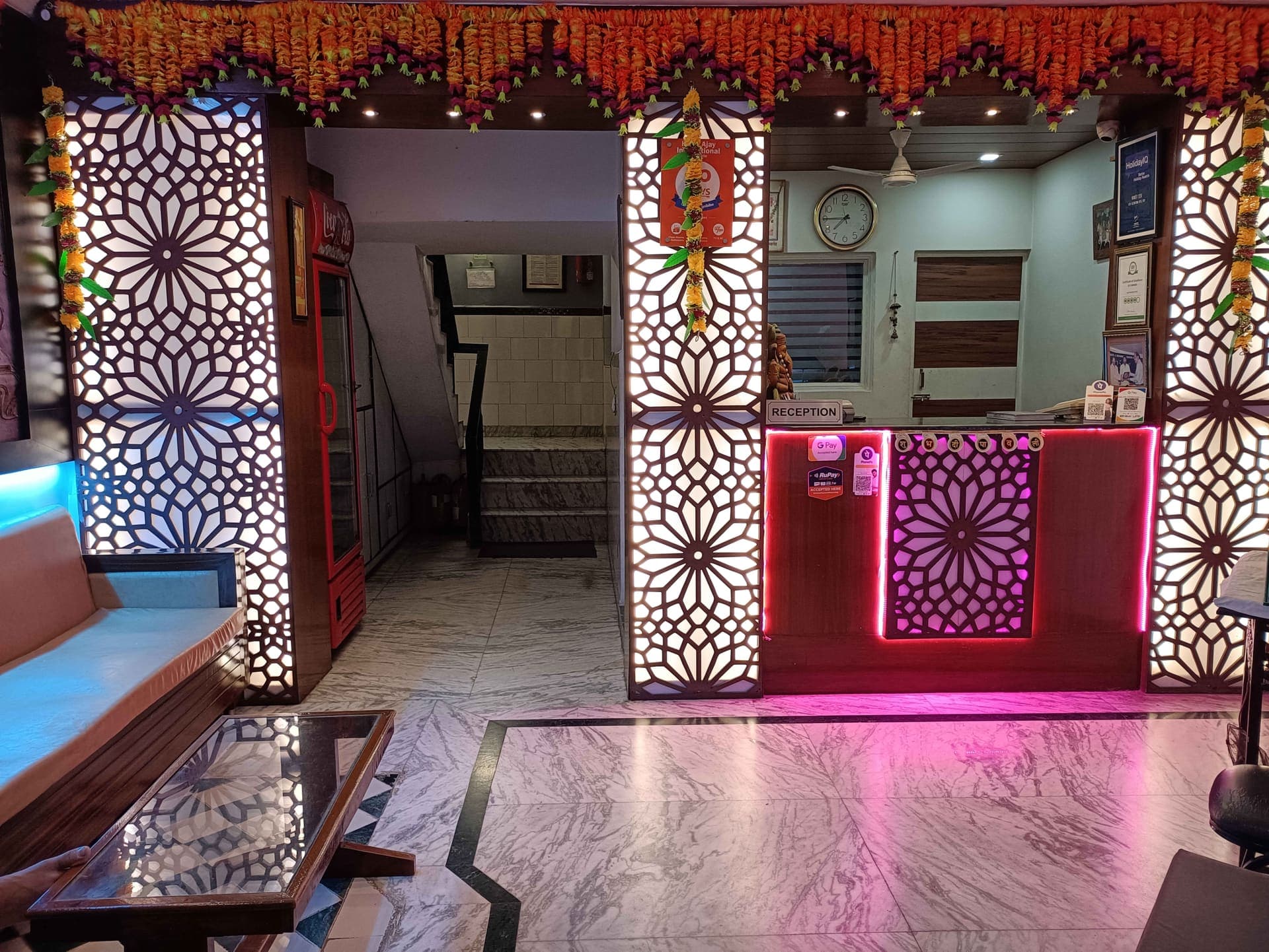 Hotel lobby with warm wood detailing